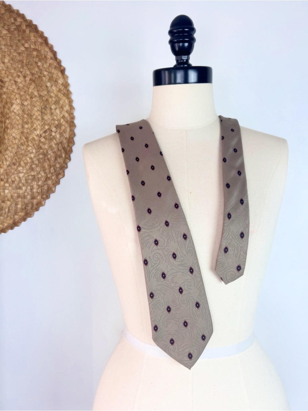 Paco Rabanne Paris Designer 1970’s Vintage Hand Made Silk Taupe Diamond Necktie